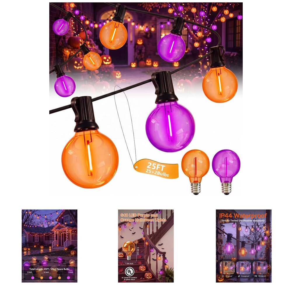 Purple and Orange Halloween String Lights 25FT 27 LED G40 Indoor Outdoor Patio
